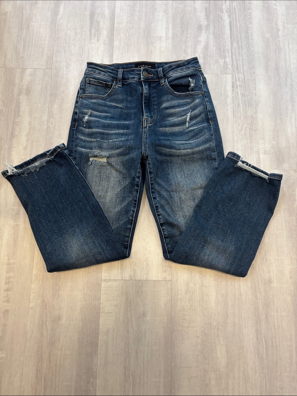 Risen High-Rise Dark Blue Straight Leg Jeans with Distressed Hem NWOT